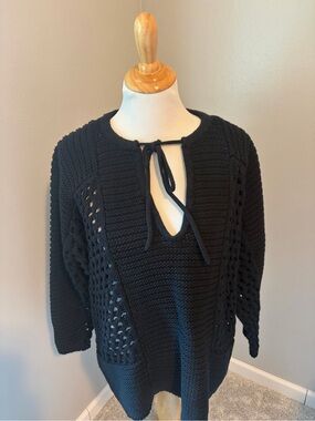 CAbi Black Openwork Tie-Neck Knit Beachcomber Sweater #641W